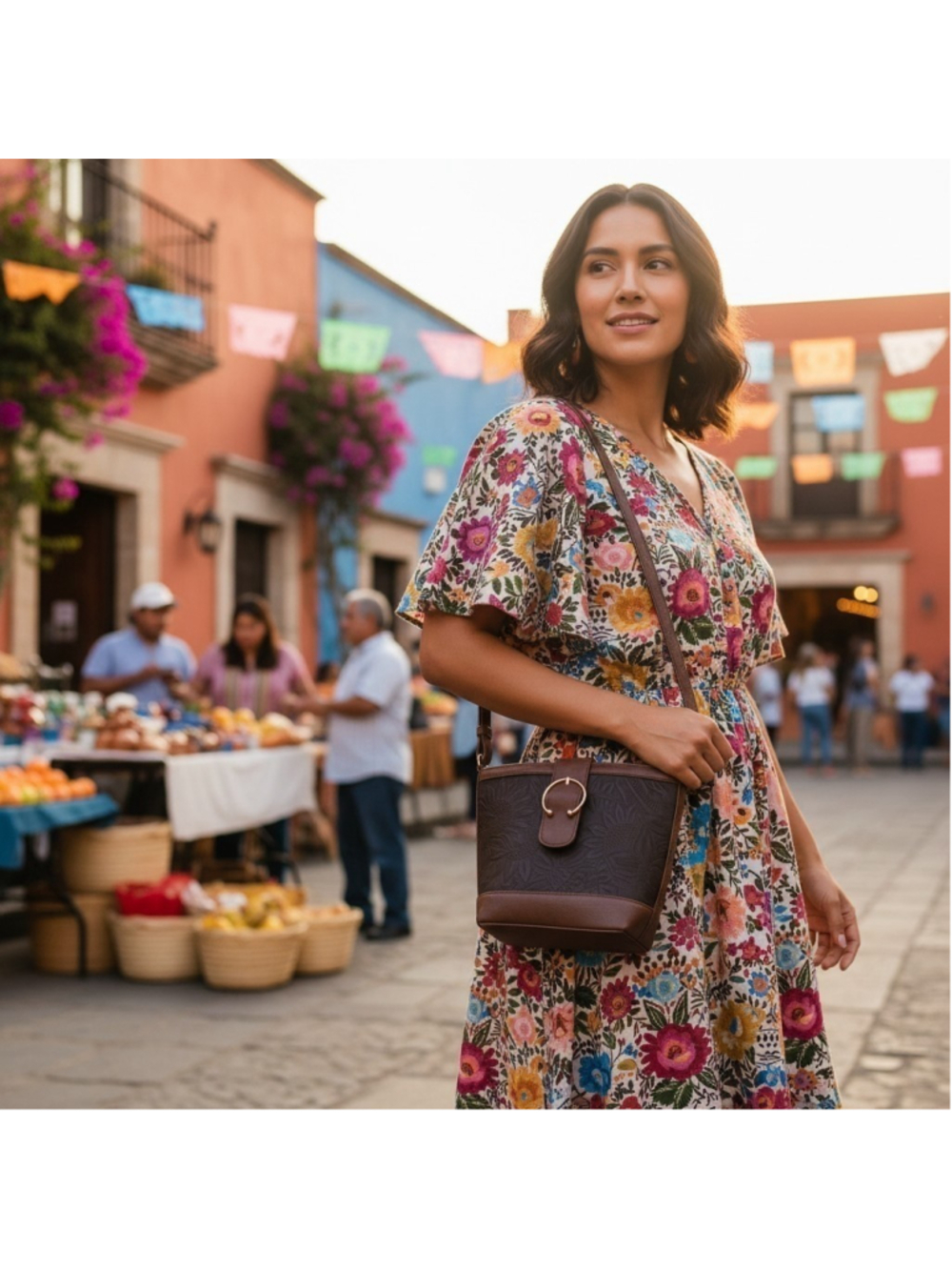Buckle Dark Brown Floral Embossed Tooled Artisan LEATHER Shoulder Bucket Bag - Picture 15 of 16